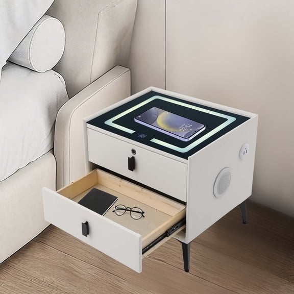 White Bedside Table with Drawers Bluetooth Speaker Smart Bedside Table with Light USB& Wireless Charging