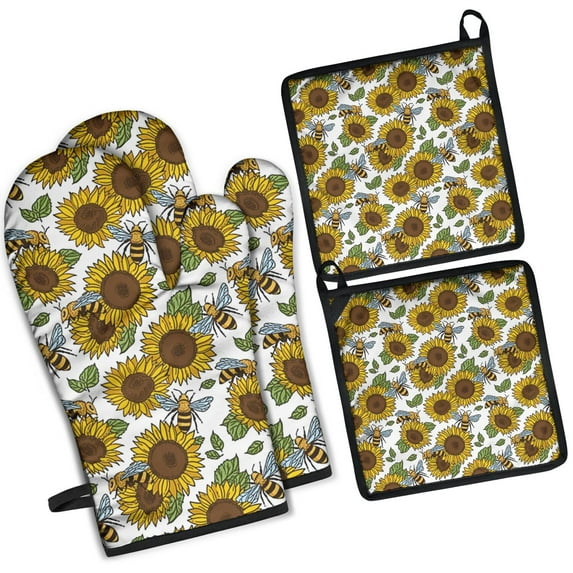 White Bee Sunflower Pattern Kitchen Oven Mitt and Pot Holder Sets 2 Pcs for Baking, Cooking and Grilling, Heat Resistant Up To 392 °F
