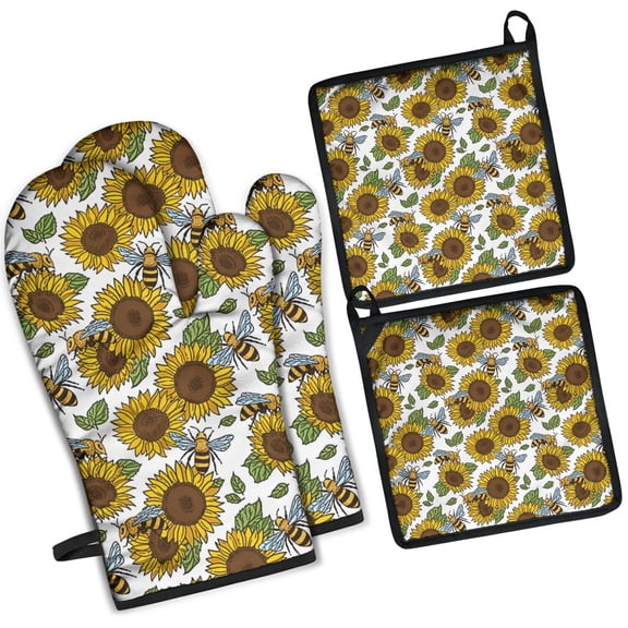 White Bee Sunflower Pattern Kitchen Oven Mitt and Pot Holder Sets 2 Pcs for Baking, Cooking and Grilling, Heat Resistant Up To 392 °F