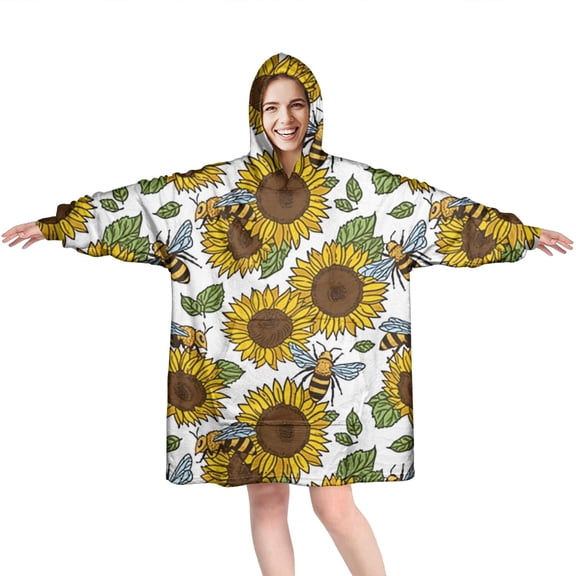 White Bee Sunflower Pattern Wearable Oversized Blanket,Wearable Blanket Hoodie for Adults,Cozy Hooded Blankets with Super Pockets,Super Warm Fuzzy Pullover for Women & Men