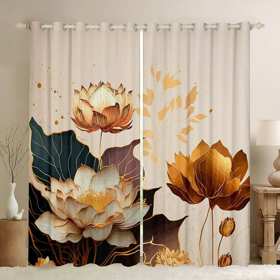 White Beige Gold Floral Blackout Curtains Chic Lotus Curtains, Gradient Leaves Curtains & Drapes Modern Artwork Living Room Curtains, Botanical Theme Window Curtains Aesthetic Art Bedroom Decor