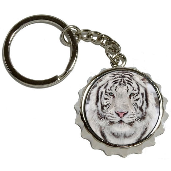 White Bengal Tiger with Blue Eyes, Nickel Plated Metal Popcap Bottle Opener Keychain Key Ring