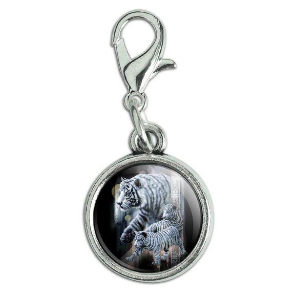 White Bengal Tigers Antiqued Bracelet Pendant Zipper Pull Charm with Lobster Clasp