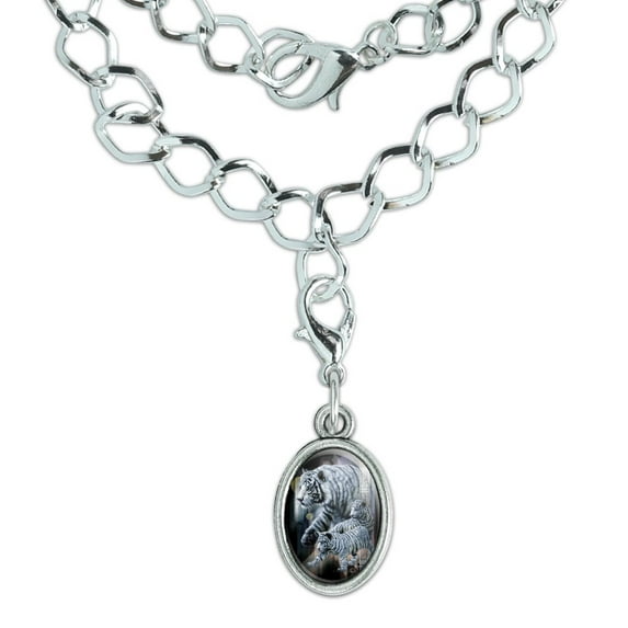 White Bengal Tigers Silver Plated Bracelet with Antiqued Oval Charm