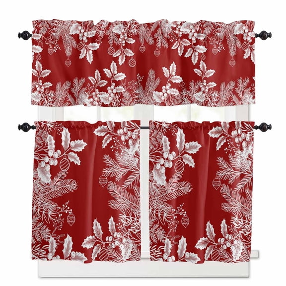 White Berry Pine Leaf Kitchen Curtains and Valances Set, Christmas Ball Winter Xmas Red Rod Pocket Window Valance 18 Inch Window Curtain Panels for Living Room Bedroom Laundry, 27.5x36in, 3 Pieces