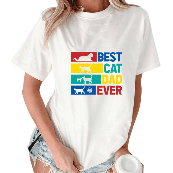 Women Best Cat Dad Ever Colorful Striped Cat Family Tshirt Graphic Tees Shirts Classic Tops
