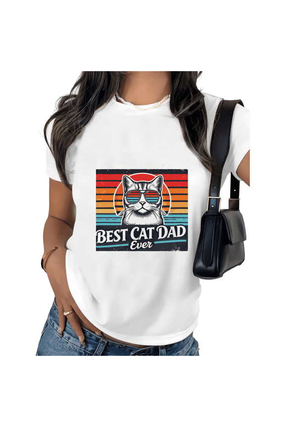 White Best Cat Dad Ever Cool Cat Sunglasses Retro Print Tshirt Graphic Tees Shirts Cat Lover Casual S-5XL Tops