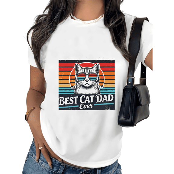 White Best Cat Dad Ever Cool Cat Sunglasses Retro Print Tshirt Graphic Tees Shirts Cat Lover Casual S-5XL Tops