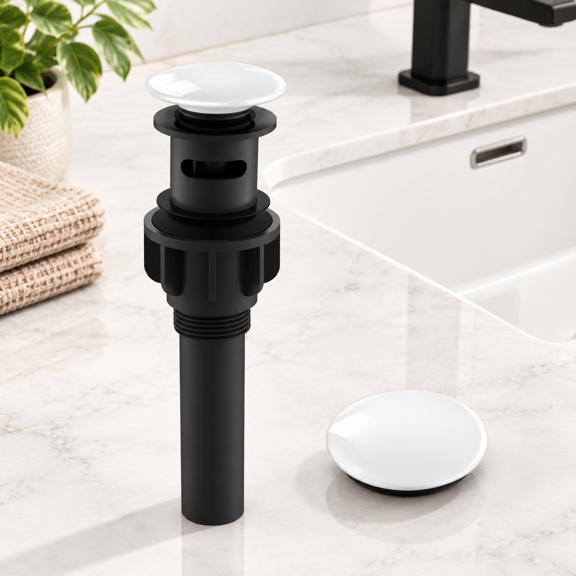 White Big Pop up Cap (With Overflow) Ceramic Bathroom Sink Drain