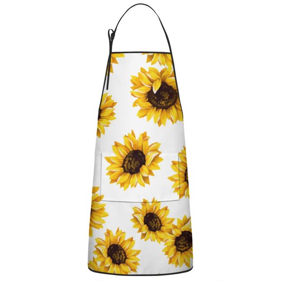 White Big Sunflower Pattern Apron-Garden Aprons for Women with Pockets-Cotton Linen Waterproof Kitchen Cooking Gardening Aprons Adjustable for Kitchen,Cooking,BBQ and Salon 33x27 Inch