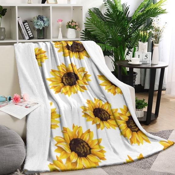 White Big Sunflower Pattern Blanket,Comfortable Soft Lamb Wool Throw Blanket,All Season,Warm Lightweight Blankets for Sofa Bed Couch Living Room Chair,40"x50"
