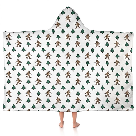 White Bigfoot and Pine Tree Pattern Hooded Bath Towel,50"x30" for Ages 3 To 12 Kids, Quick Dry Lightweight Soft Microfiber Hood Beach Towel Cover Up for Kids