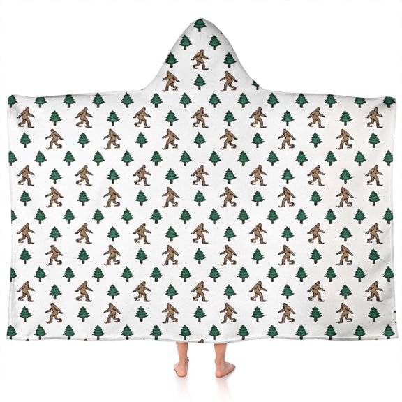 White Bigfoot and Pine Tree Pattern Hooded Bath Towel,60"x35" for Ages 3 To 12 Kids, Quick Dry Lightweight Soft Microfiber Hood Beach Towel Cover Up for Kids