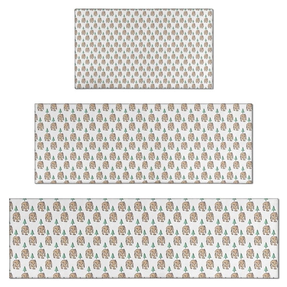 White Bigfoot and Pine Tree Pattern Kitchen Rugs Sets Of 3,Kitchen Runner Rugs Non Skid Washable,Decorative Kitchen Floor Mats for Kitchen,Sink,Laundry,17"x30"+ 17"x47" + 17"x59"