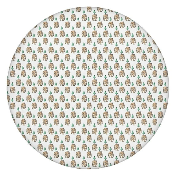 White Bigfoot and Pine Tree Pattern Round Fitted Tablecloth with Elastic Edge,Dining Table Cover Waterproof,Outdoor Round Tablecloth for Camping,Dining,Indoor and Outdoor