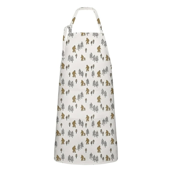 White Bigfoot and Tree Pattern Apron-Garden Aprons for Women with Pockets-Cotton Linen Waterproof Kitchen Cooking Gardening Aprons Adjustable for Kitchen,Cooking,BBQ and Salon 33x27 Inch