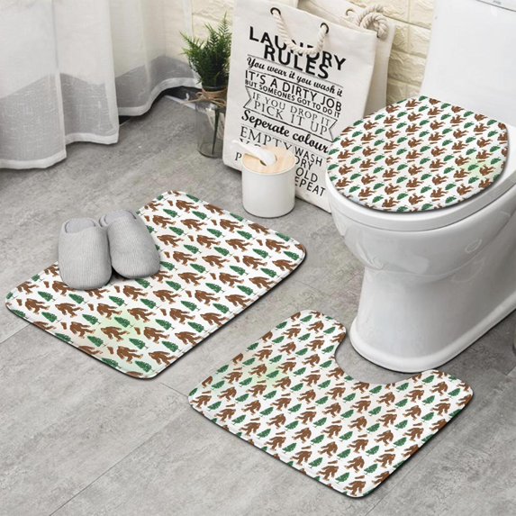 White Bigfoot and Tree Pattern Bathroom Rugs Sets 3 Piece,Toilet Cover Set,Absorbent Non Slip Bathroom Mats Sets with U-Shaped Contour Rug Toilet Rug Set