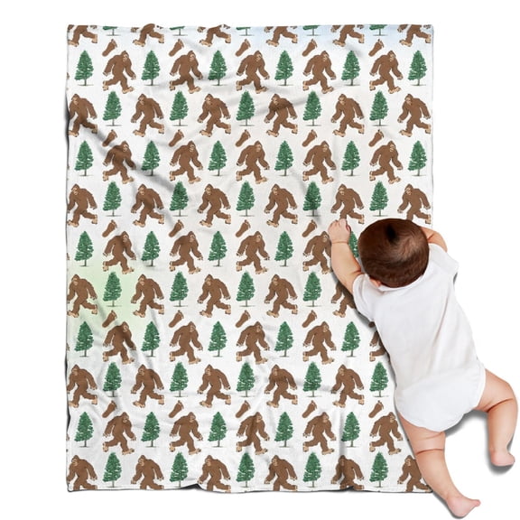 White Bigfoot and Tree Pattern Blanket,Comfortable Soft Flannel Throw Blanket,All Season,Warm Lightweight Blankets for Sofa Bed Couch Living Room Chair,30"x40"