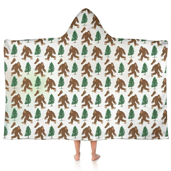 White Bigfoot and Tree Pattern Hooded Bath Towel,50"x30" for Ages 3 To 12 Kids, Quick Dry Lightweight Soft Microfiber Hood Beach Towel Cover Up for Kids