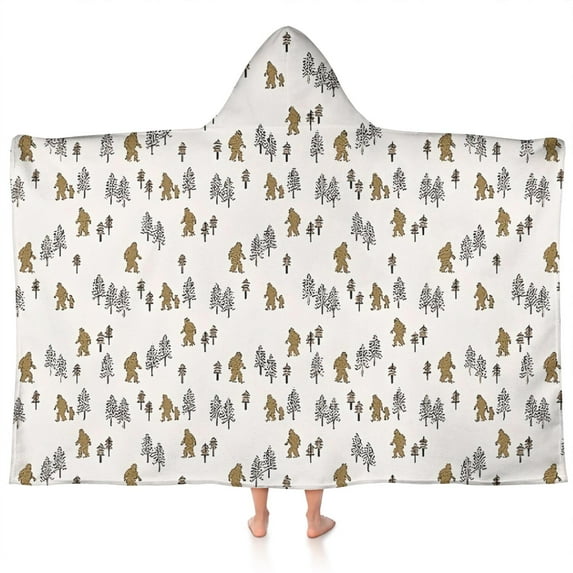 White Bigfoot and Tree Pattern Hooded Bath Towel,60"x35" for Ages 3 To 12 Kids, Quick Dry Lightweight Soft Microfiber Hood Beach Towel Cover Up for Kids