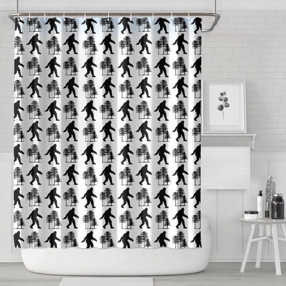 White Bigfoot and Tree Pattern Shower Curtain 72"x84" ,Bathroom Decorative Shower Curtains Set with 12 Hooks,Modern Waterproof Washable Shower Curtain