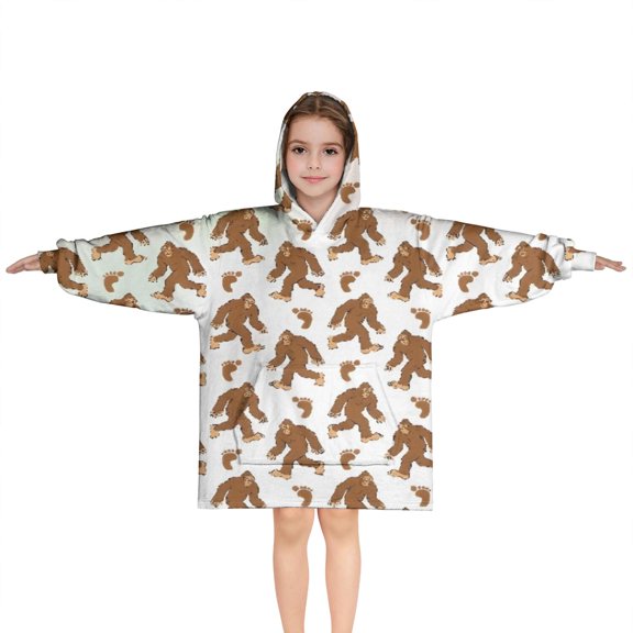 White Bigfoot and Footprint Pattern Blanket Hoodies for Kids 6-13YR Oversize Wearable Blanket Hoodies for Boys Girls Teens