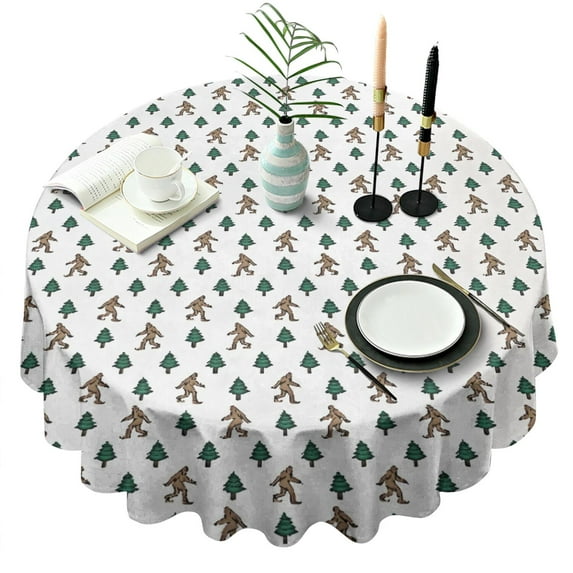 White Bigfoot and Pine Tree Pattern Round Tablecloth 60"x60",Wrinkle Wipeable Table Cloth for Kitchen Dining Room Picnic Patio Party