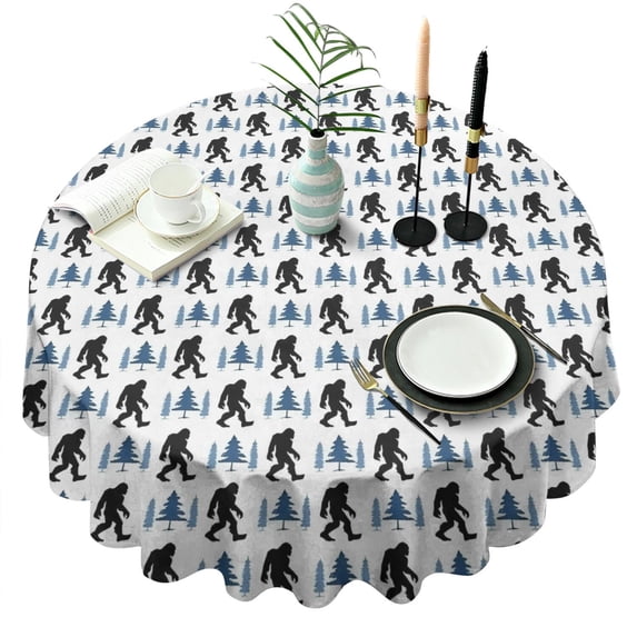 White Bigfoot and Pine Tree Pattern Round Tablecloth 60"x60",Wrinkle Wipeable Table Cloth for Kitchen Dining Room Picnic Patio Party