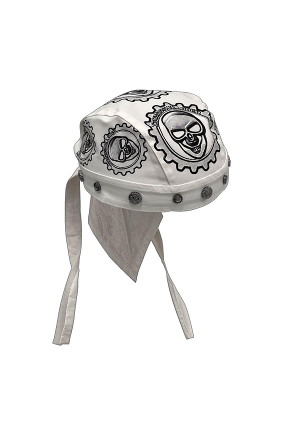 White Biker Rocker Gears Skull Rivet Headwrap Cap Men Women Bandana Doo Do Rag Cap
