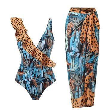 Nmnitkp Girls Swimsuits 3 Piece Bathing Suit Allover Printed Criss Cross Bikini Set With Cover Up Skirt Beach Swimwear 6 16 Years
