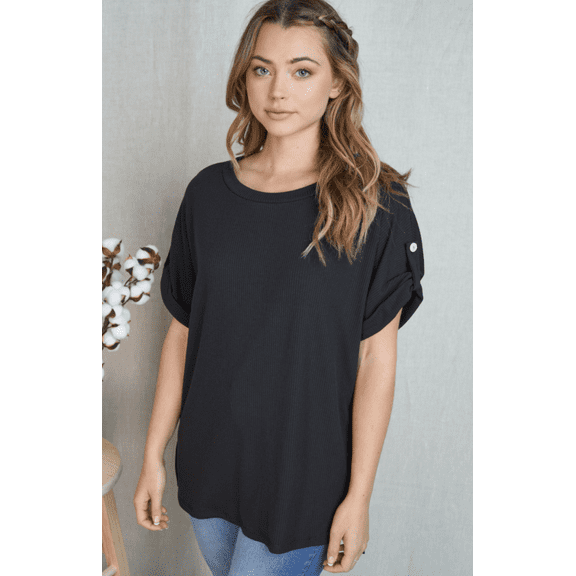 White Birch Short Sleeve Ribbed Knit Top Solid Black (L)