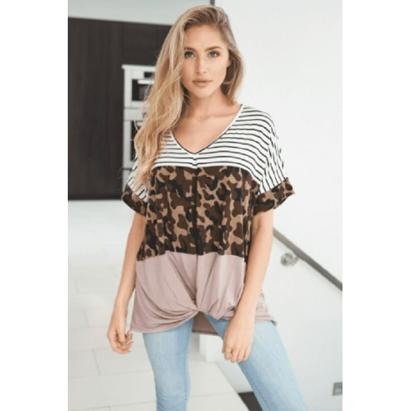 White Birch Short Sleeve Twist Front Shirt, Stripe, Camo & Pink (XL)