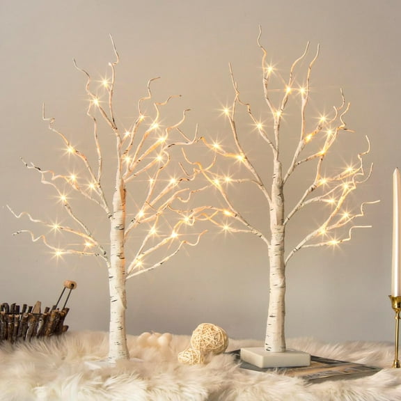 White Birch Tree with LED Lights - Set of 2, LED Tabletop Tree with Timer, Christmas Decorations Lighted Tree for Indoor Mantel Home Decor (2 FT, 24 LED)