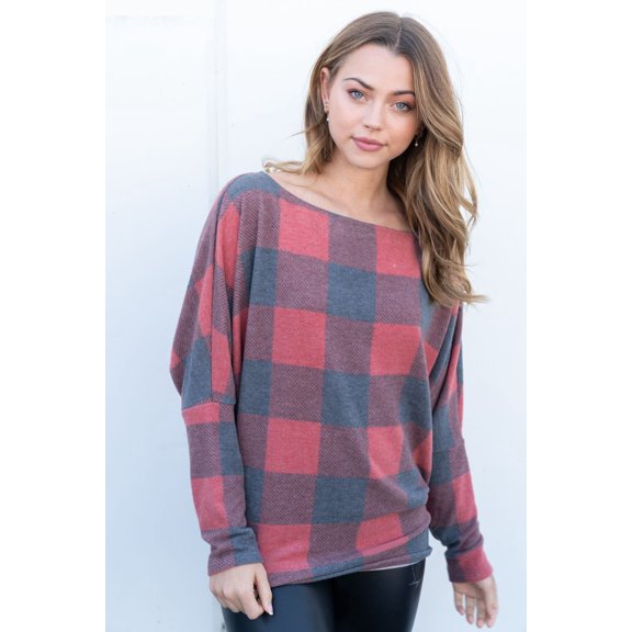 White Birch Womens Dolman Sleeve Buffalo Plaid Knit Top (Red, L)