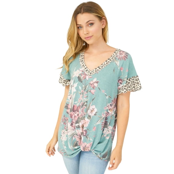 White Birch Womens Floral Print Short Sleeve Knit Top (Sage, Small)