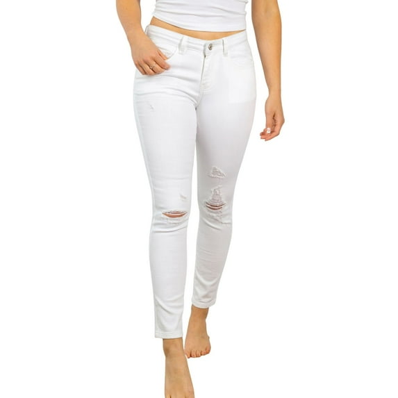 White Birch Womens High Rise Solid Woven Distressed Denim Jeans, White (Small)