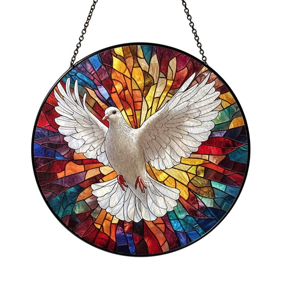 White Bird Inspired Stained Glass Style Panel – Round Window Decor
