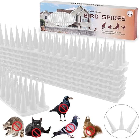 White Bird Spikes - Pack of 12 Plastic Fence Spikes for Garden Fence, Wall, Railing, Roof; Deter Small Birds, Pigeons, Squirrels, Raccoons; Prevent Bird Nests and Poop.