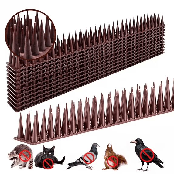 Brown Bird Spikes - Pack of 12 Plastic Fence Spikes for Garden Fence, Wall, Railing, Roof; Deter Small Birds, Pigeons, Squirrels, Raccoons; Prevent Bird Nests and Poop.