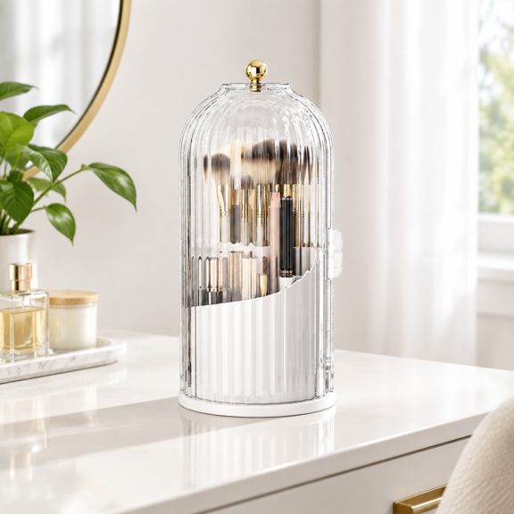 White Birdcage-Style Rotating Bathroom Counter Organizer for Toothbrushes and Makeup Brushes