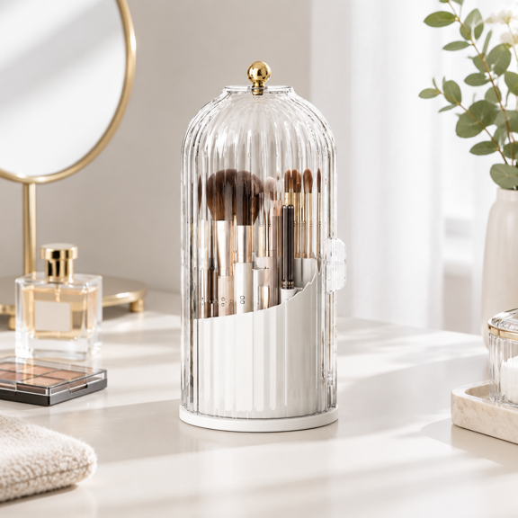 White Birdcage-Style Rotating Bathroom Counter Toothbrush and Makeup Brush Organizer