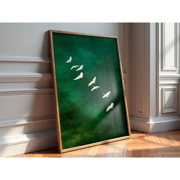 White Birds Impasto Print, Deep Emerald Nature Wall Art, Poster Only