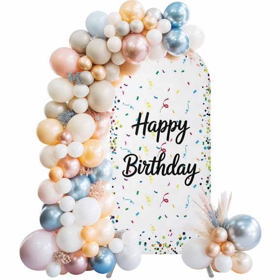 White Birthday Arch Backdrop Cover 5x2.1 Ft,Spandex Wedding Arch Stand Cover,Colorful Confetti Ribbons Polka Dots Classroom Round Top Stretch Fitted Background Covers for Birthday Ceremony Party