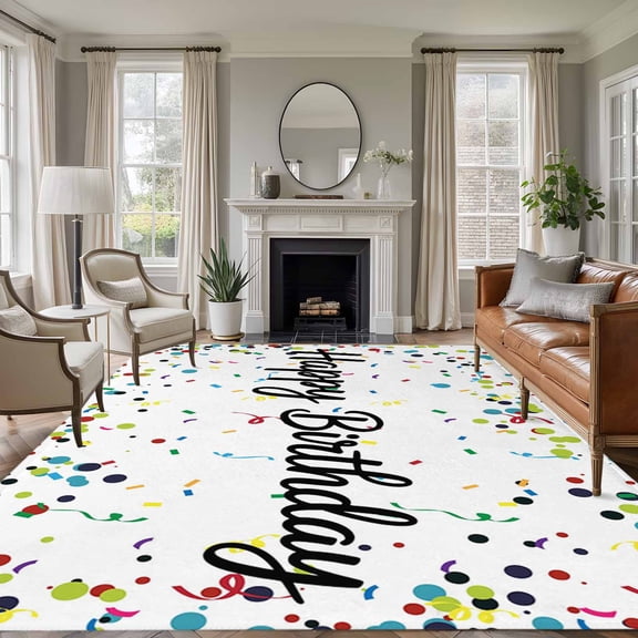 White Birthday Area Rug 6x9 FT, Non Slip Living Room Throw Carpet, Colorful Confetti Ribbons Polka Dots Classroom Washable Soft Large Floor Carpet Non-Shedding Rug for Bedroom Dining Room Play Room