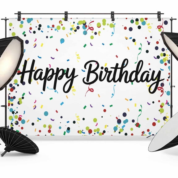 White Birthday Backdrop for Photography,Fabric Photo Background Backdrop,Colorful Confetti Ribbons Polka Dots Classroom Photo Booth Background for Portrait Photoshoot Video Wedding Banner 7x5ft