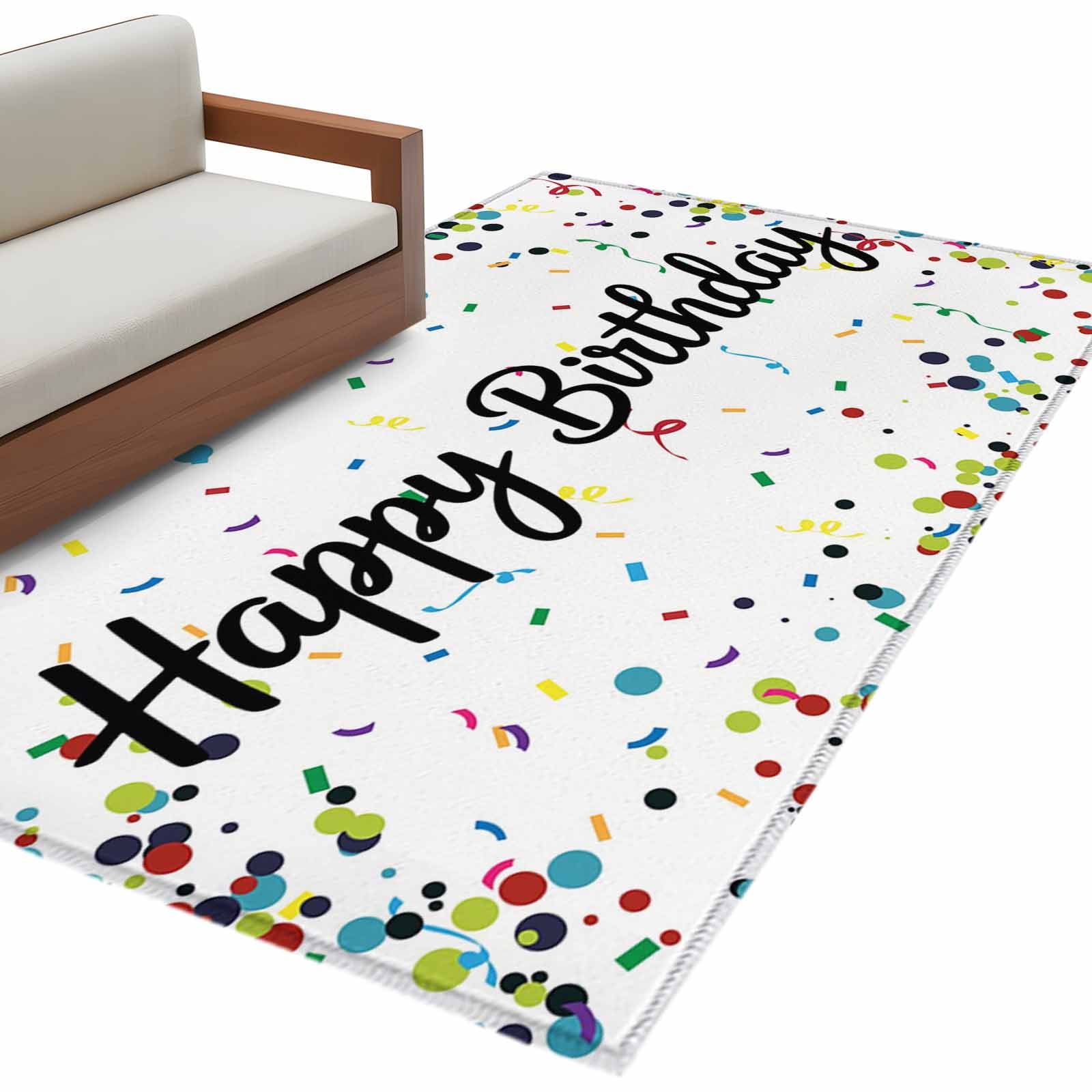 White Birthday Large Area Rugs for Bedroom Living Room, Non Slip Carpet Bedside Rug, Colorful Confetti Ribbons Polka Dots Classroom Rectangular Floor Cover Kitchen Accent Rug 3'x5' for Office