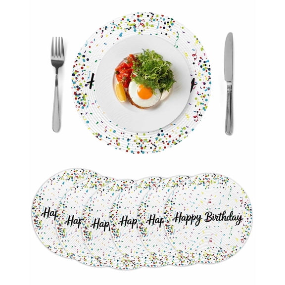 White Birthday Round Placemats Set of 6 for Dinning Tables,Heat-proof Braided Table Mats 13 Inch,Colorful Confetti Ribbons Polka Dots Classroom Washable Place Mat for Kitchen Restaurant Party Table