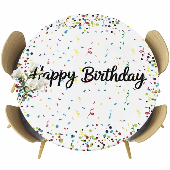 White Birthday Round Tablecloth, Fitted Table Cover with Elastic for 36"-44" Round Tables, Colorful Confetti Ribbons Polka Dots Classroom Table Cloth Outdoor Dinning Party Waterproof Tablecloths