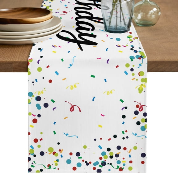 White Birthday Short Table Runner 36 Inches Long,Colorful Confetti Ribbons Polka Dots Classroom Cotton Linen Table Runners Dresser Scarves,Tabletop Scarf Furniture Cover for Home Dinner Party 13"x36"