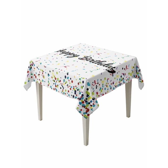 White Birthday Table Cloth, Colorful Confetti Ribbons Polka Dots Classroom Waterproof Tablecloth for Square Tables, Reusable Washable Fabric Table Cover for Restaurant Kitchen Dining Tables 54"x54"